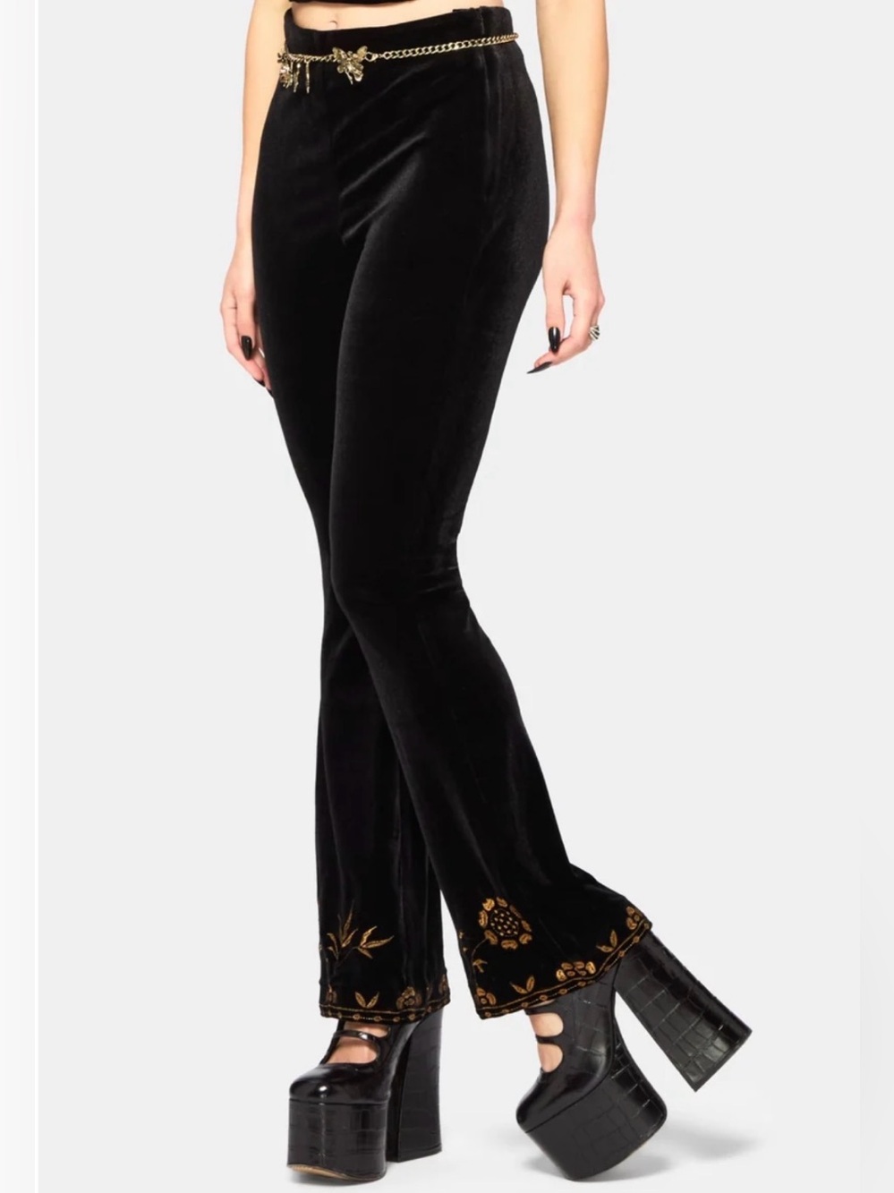 NWT Disturbia Kobra Velour Embroidered Flare Trouser Black Gold size US 10